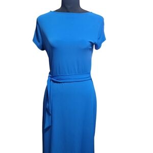 Blue Sheath Midi Dress with Bateau Neckline